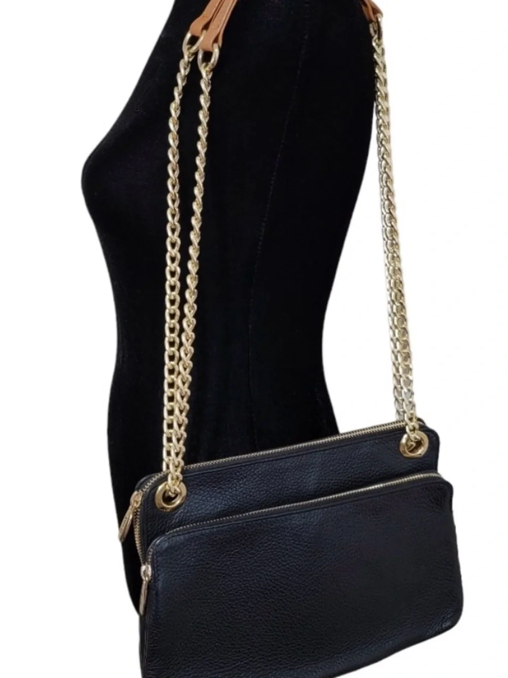 Valentina Black Leather Crossbody Bag with Gold Chain